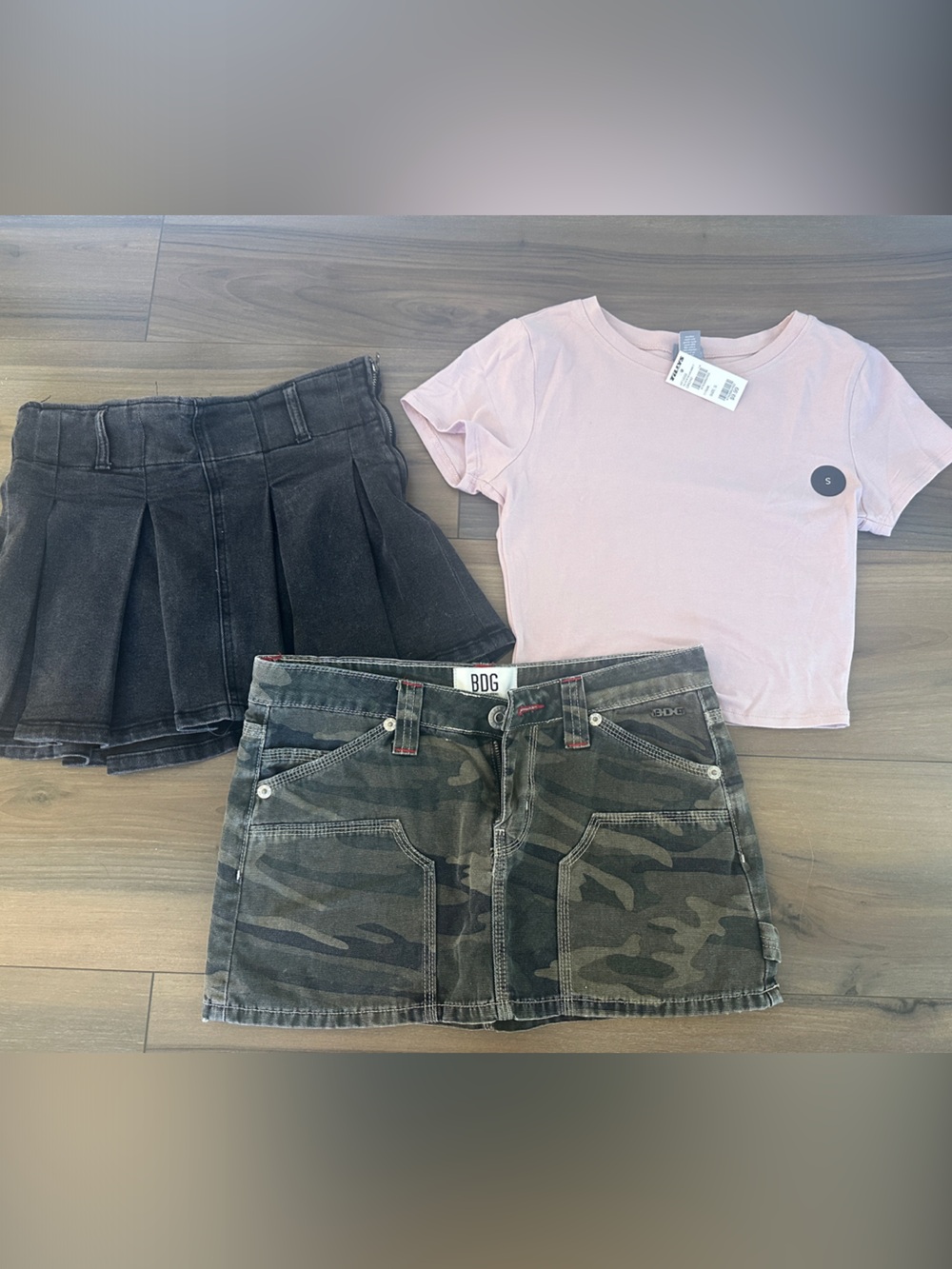 Tilly's Pink Crop Tee, Black Pleated Skirt & Camo Denim Mini Skirt